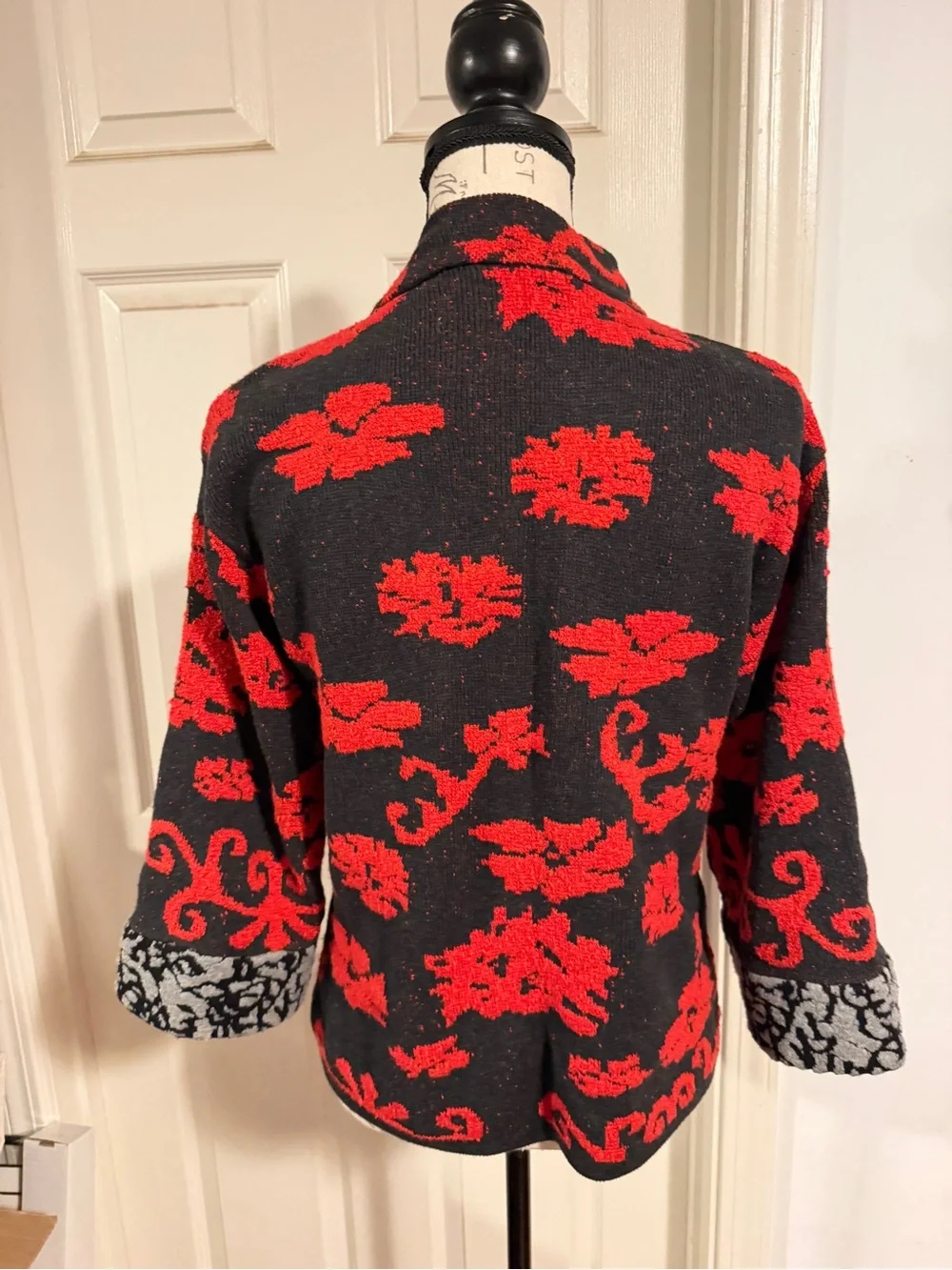 Anthropologie Red Floral Zip-Front knit Jacket